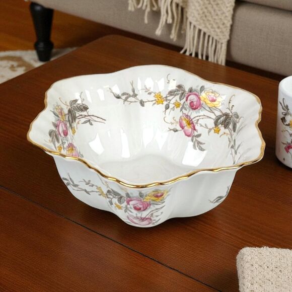 Vintage German Porcelain Serving Bowl: Floral Design, Gold Rim - Picture 1 of 8